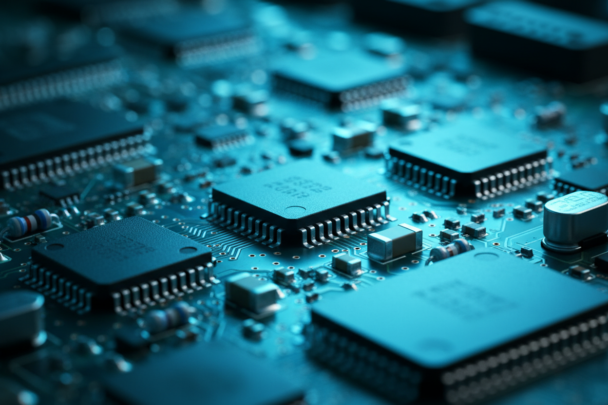 Close-up circuit board with cyan lighting